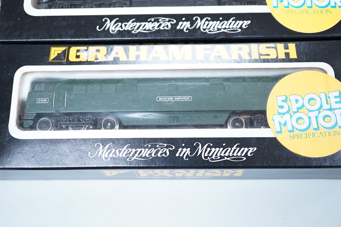 Three boxed Graham Farish N gauge railway diesel locomotives; a BR class 52, Western Courier D1062, (8426), a BR class 52, D1036, (8424) and a Network SouthEast class 50, Superb 50 002 (8408).